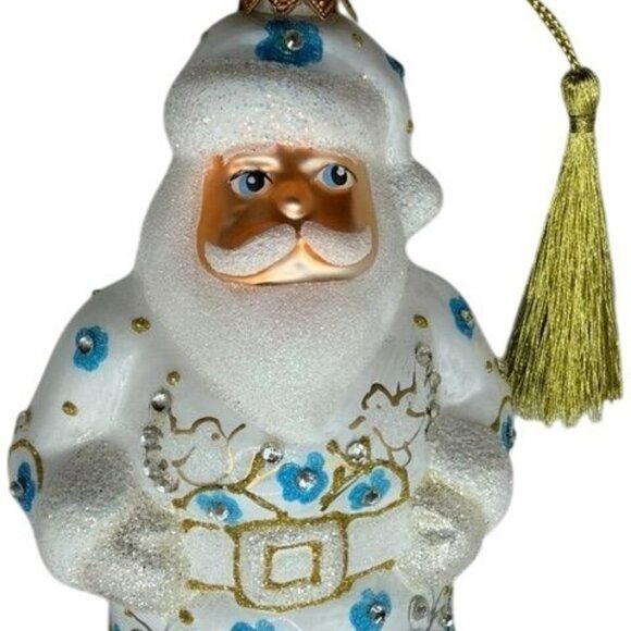 Hand-Painted JingleNog Santa Ornament With Blue & Gold Floral Details - Picture 5 of 13